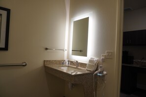 Shower, rainfall showerhead, hair dryer, towels