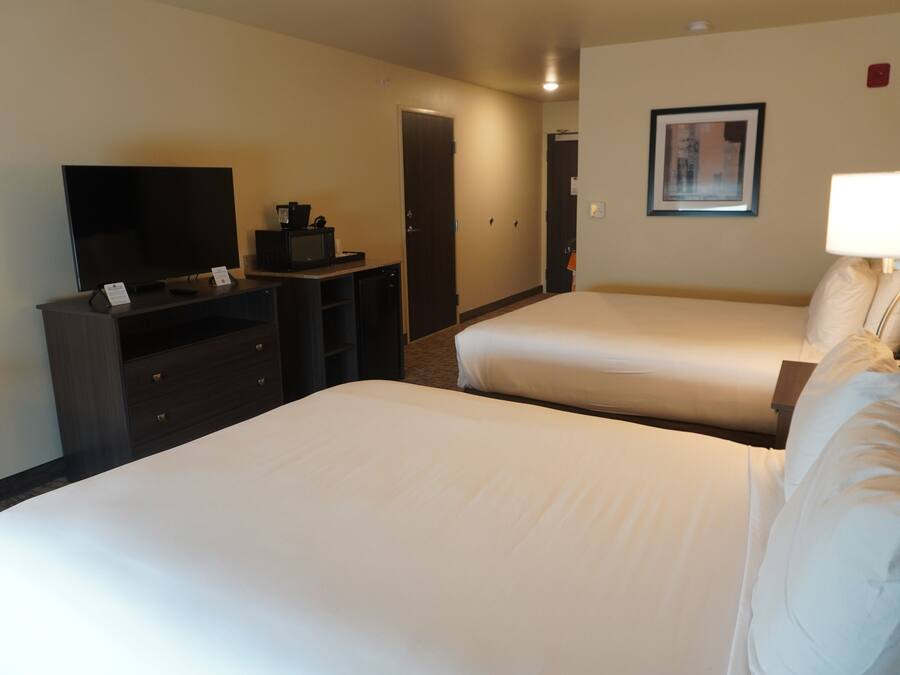 Quarto de hotel com duas camas, televisão, escrivaninha com cafeteira e quadro na parede.