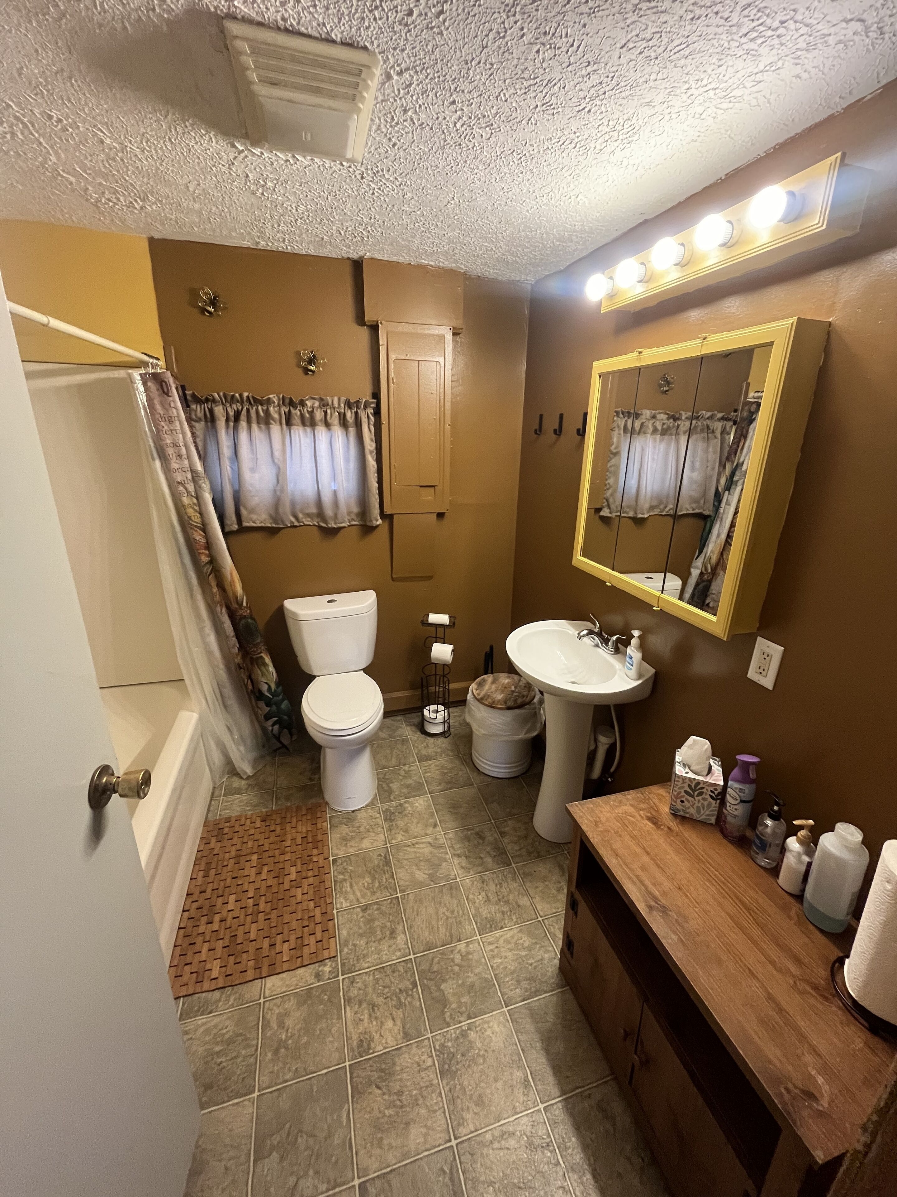 Ensemble douche/baignoire, savon, papier toilette