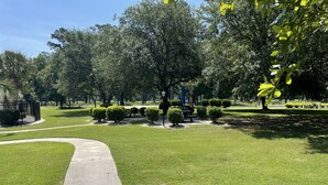 Un parque bien cuidado con un sendero curvo, césped impecable y diversas plantas y arbustos.