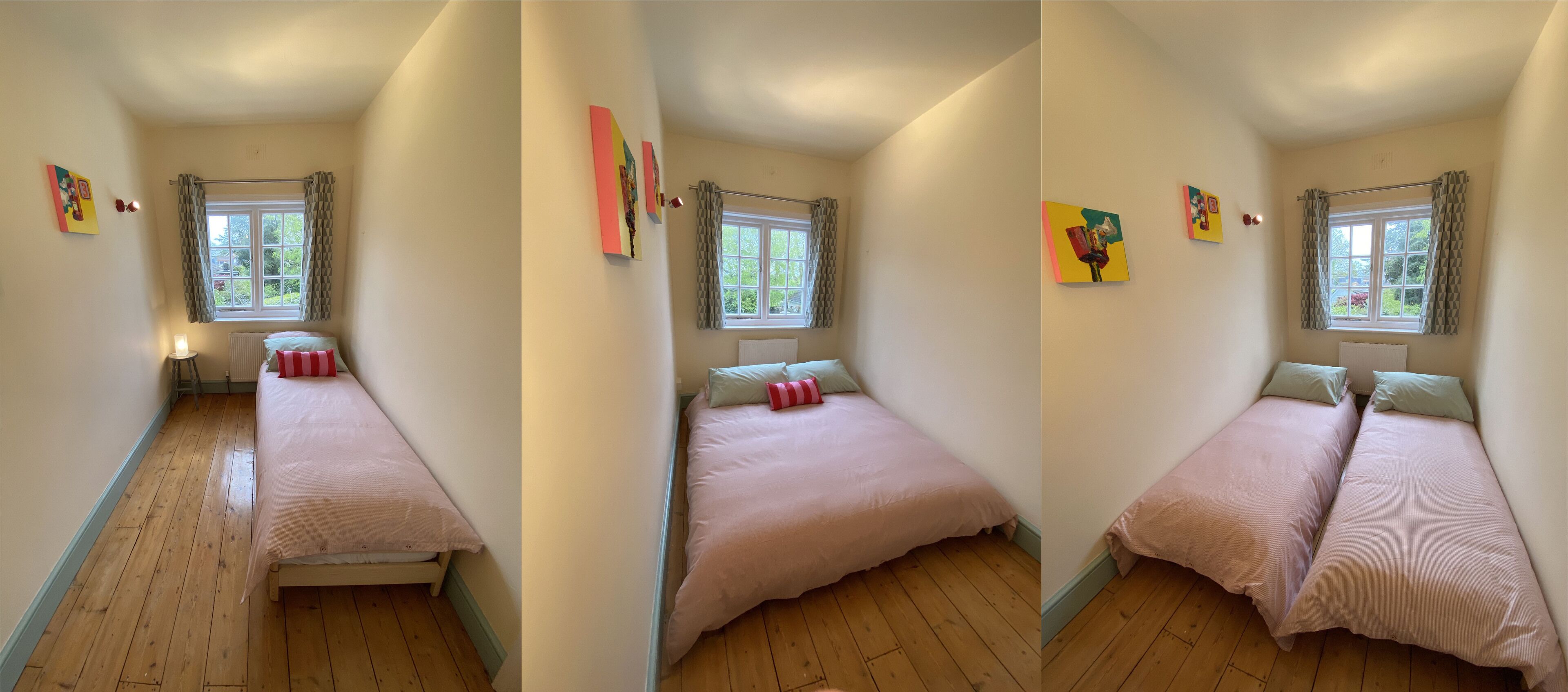 Quarto com duas camas, janela com cortinas, radiador e decoração nas paredes.