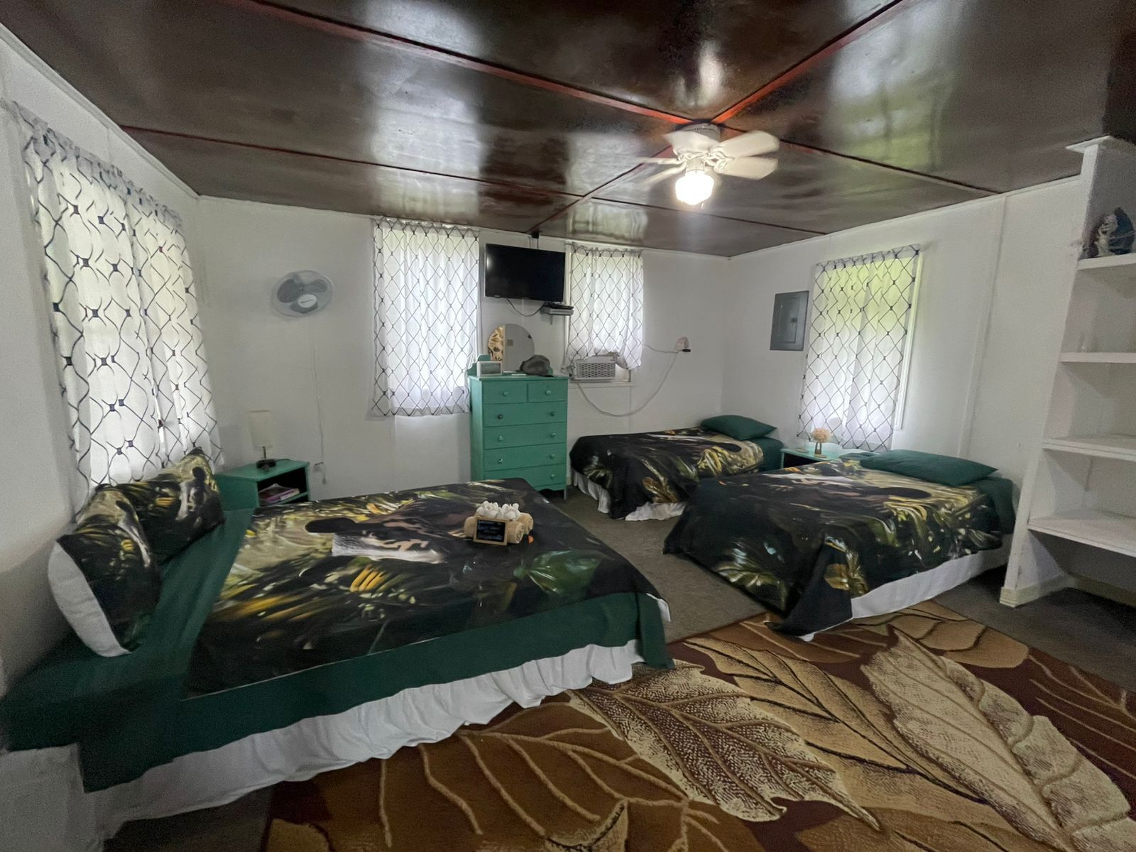 Una habitación con dos camas, ventilador de techo, televisor y una cómoda pequeña verde.