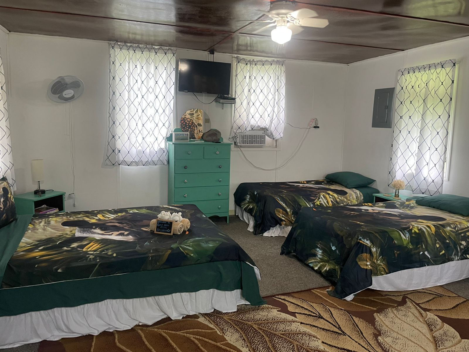 A room with two beds, a ceiling fan, a TV, and a dresser.