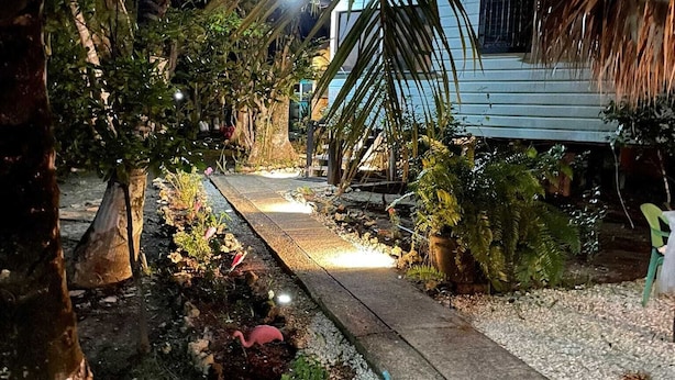 Un camino que lleva a una casa rodeada de vegetación tropical y un pequeño jardín.
