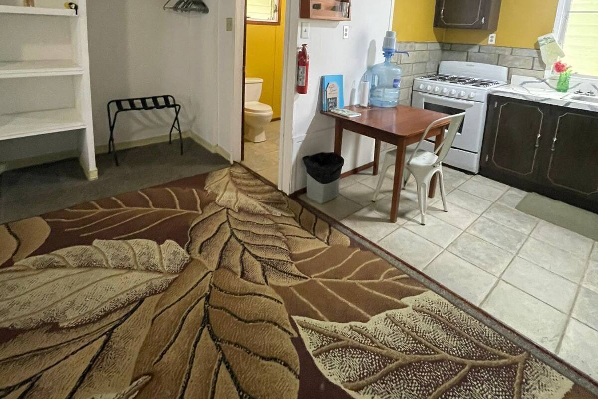 Una cucina compatta con piano cottura, lavello e un piccolo angolo ristoro.