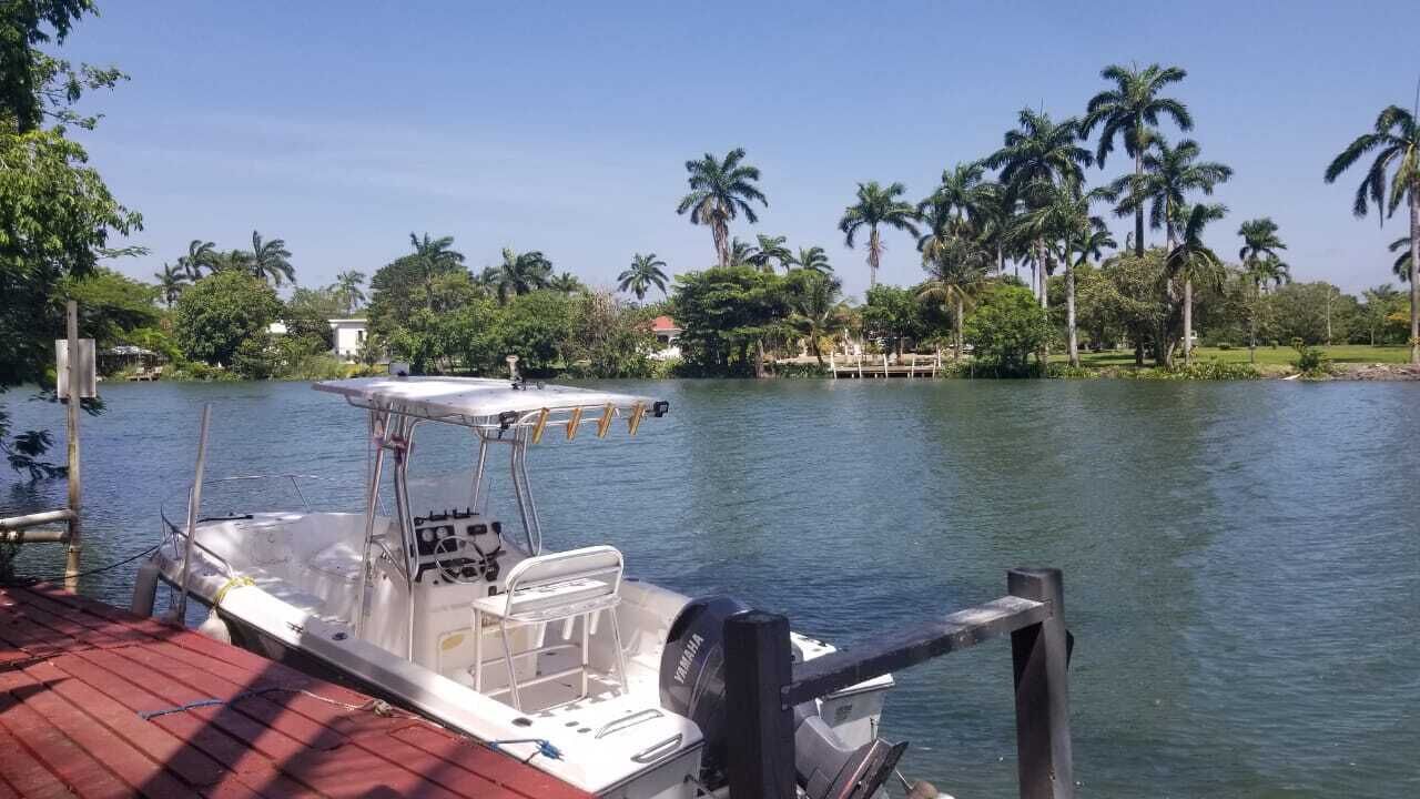 A boat docked at a pier with a red roof, surrounded by water and palm trees.