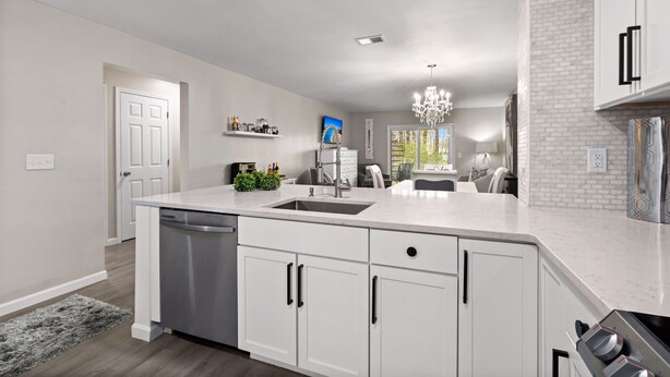 A modern kitchen with white cabinetry, a built-in dishwasher, and a large island with a sink. - Spacious 2 bedroom condo (North Charleston)
