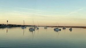 Un port tranquille où plusieurs voiliers sont amarrés.
