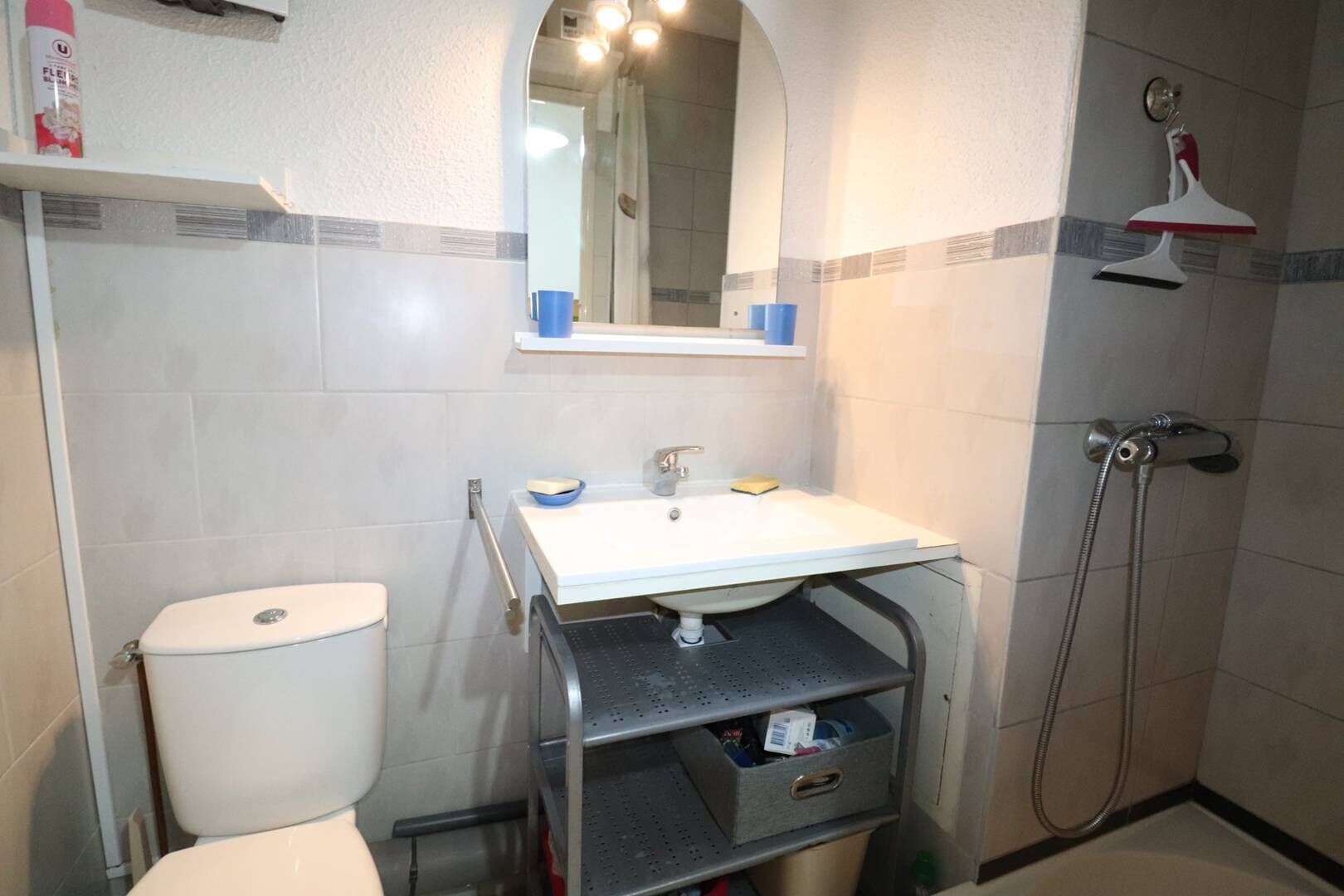 Ein Badezimmer mit Toilette, Waschbecken, Spiegel und Dusche.