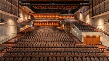 Un vaste auditorium à plusieurs niveaux, doté de gradins et d’une scène centrale.