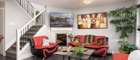 Smart TV, fireplace, Netflix, streaming services