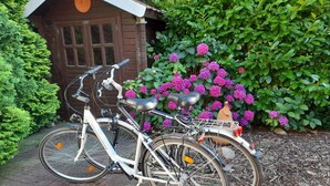 Een fiets geparkeerd naast een houten constructie met een raam, omringd door groene beplanting en roze bloemen.