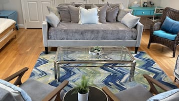 Smart TV, fireplace, DVD player, books