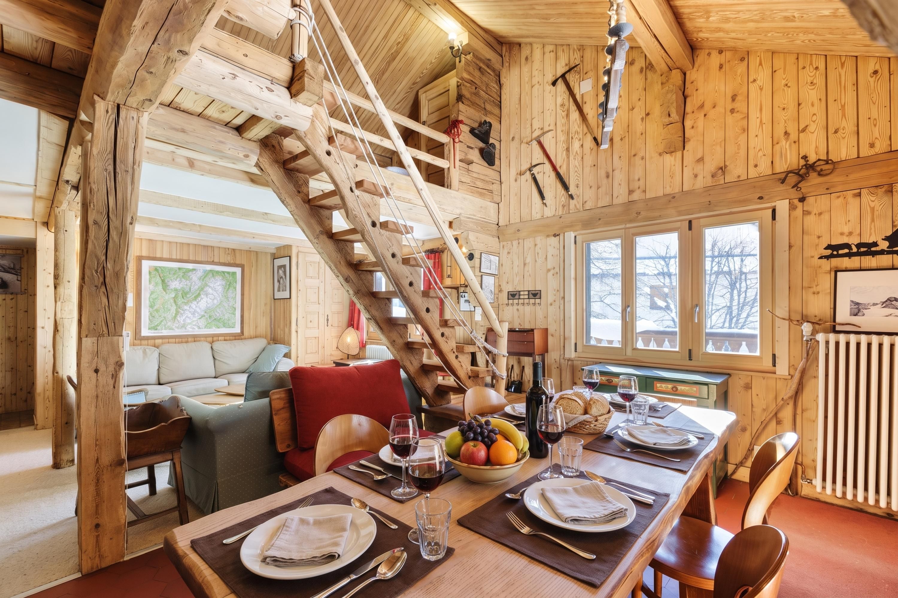 A wooden interior with a dining area, staircase, and a view of the outdoors.