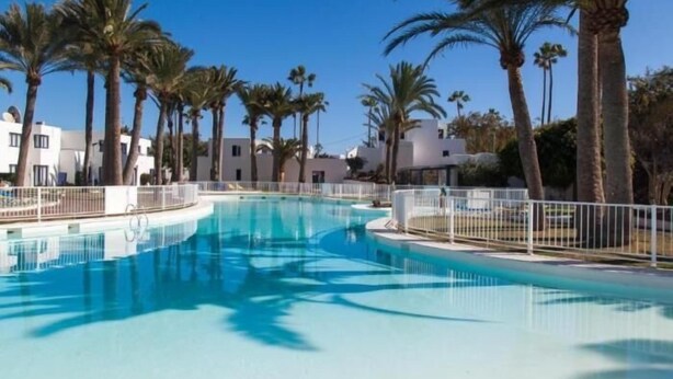 A swimming pool surrounded by palm trees and white buildings.
