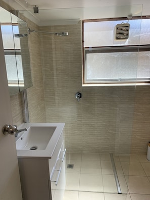 Dusche, Haartrockner, Handtücher, Shampoo