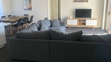 Smart TV, fireplace, Netflix, books