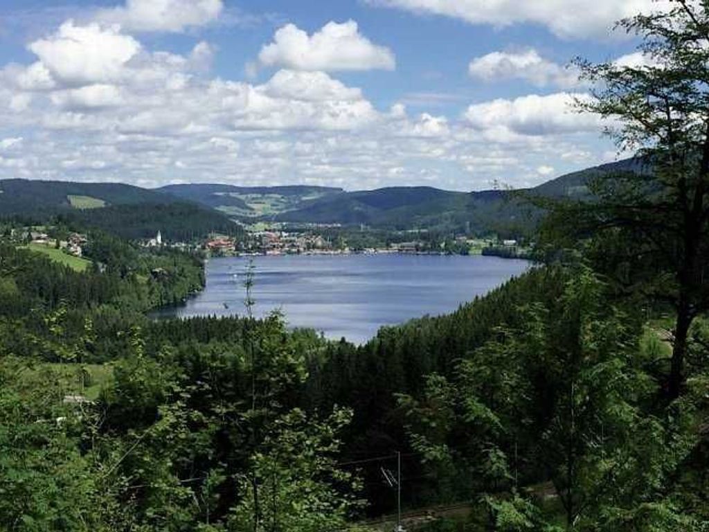 A lake surrounded by forested hills, a small town in the distance, and a clear sky.