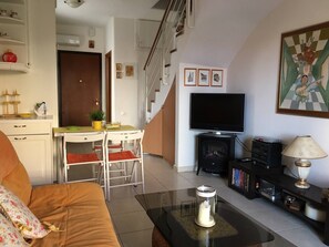 Télévision, cheminée, chaîne hi-fi