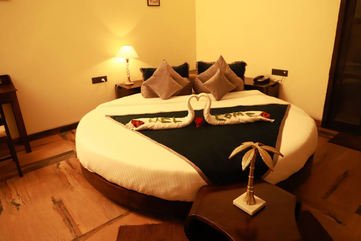 A hotel room with a bed, pillows, a nightstand, a lamp, and a decorative palm tree.