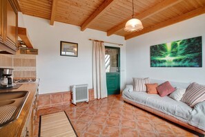 Une pièce avec un plafond en bois, un canapé, un radiateur, une fenêtre avec des rideaux et un tableau accroché au mur.