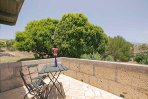 Un espace extérieur aménagé avec une table et des chaises, un vase rempli de fleurs et une vue sur un arbre et le paysage environnant.