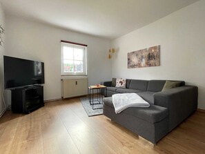 A modern living room with a grey sofa, a flat-screen TV, a radiator, and a window with a view of buildings.