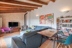 A living room with a sofa, TV, bookshelf, and a fireplace.