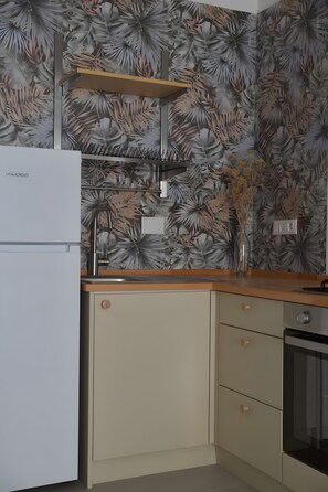 Jääkaappi, mikroaaltouuni, liesi, keittoastiat/astiat/ruokailuvälineet