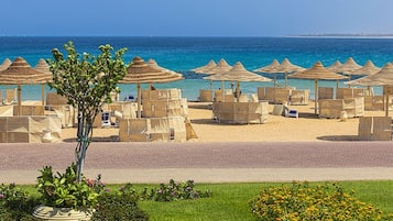 Private beach, sun-loungers, beach umbrellas, beach towels