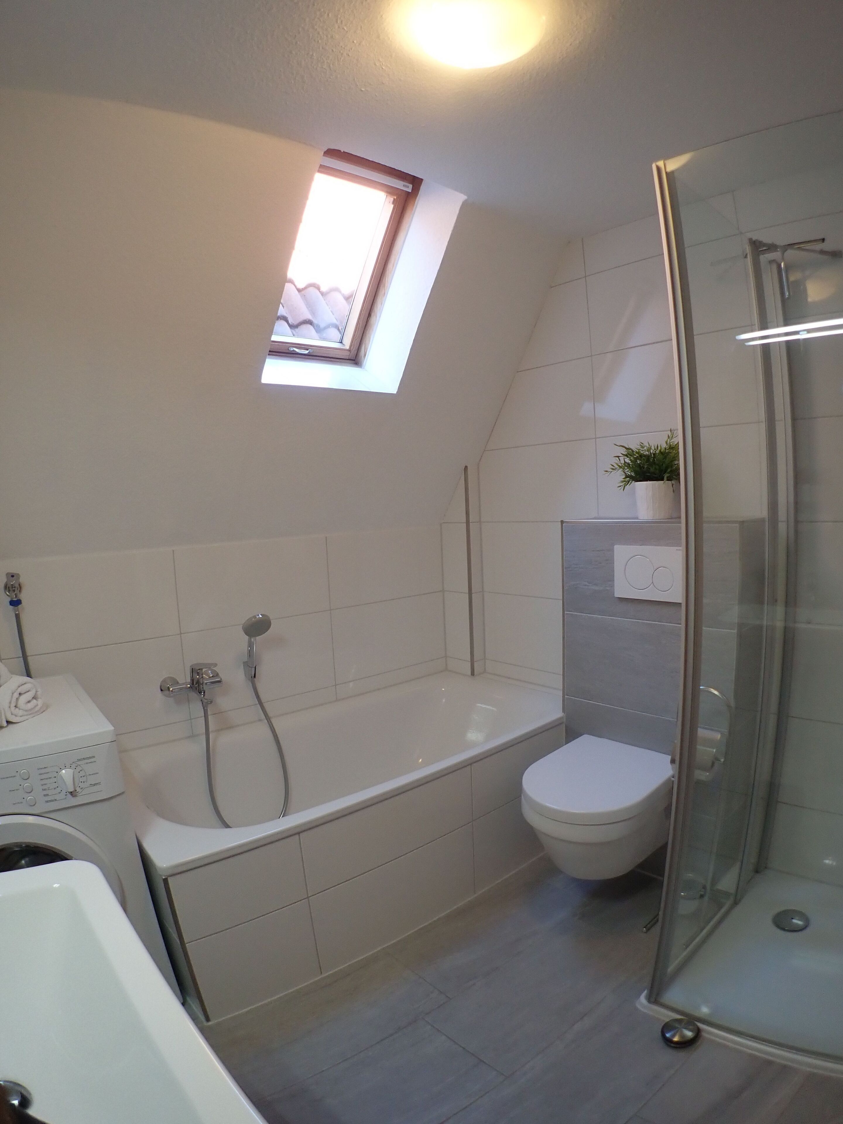 A modern bathroom with a freestanding bathtub, a toilet, and a glass-enclosed shower.