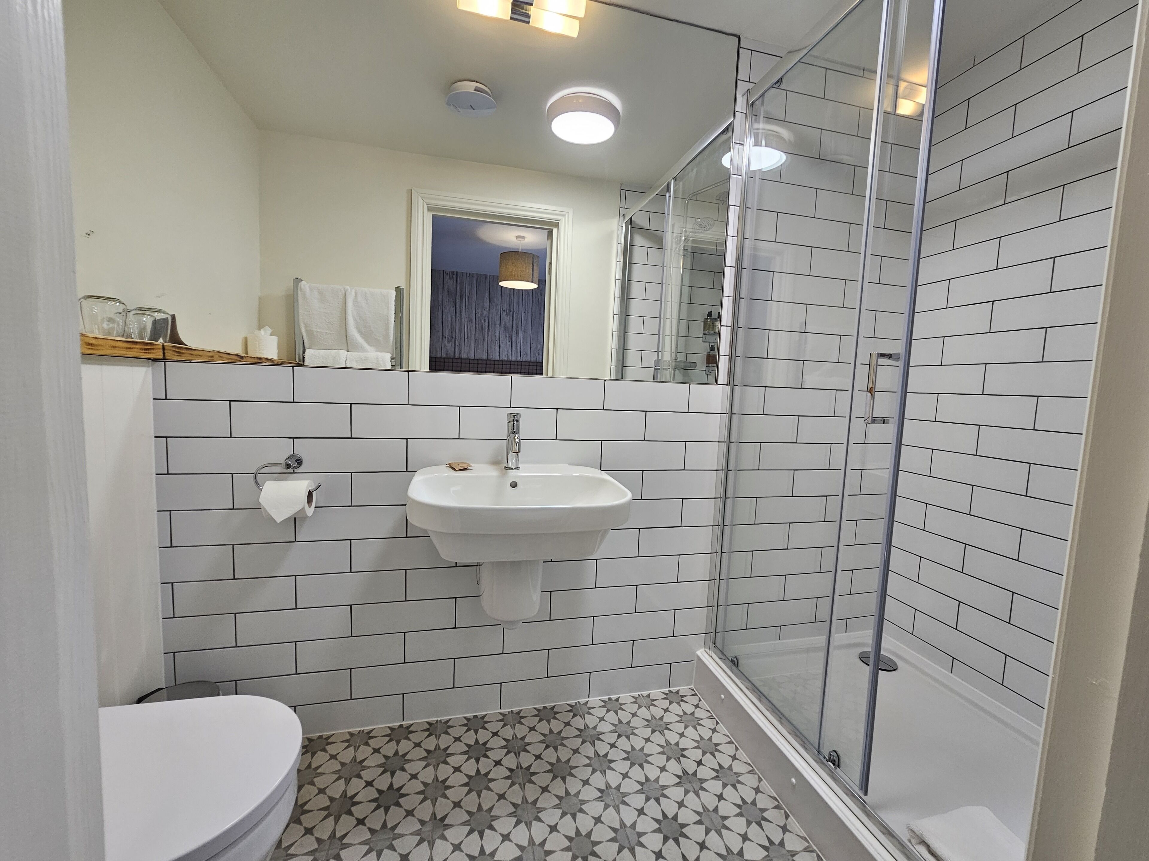 A bathroom with a white sink, a toilet, and a shower with glass doors.