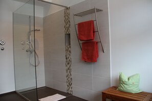 Regadera, secadora de cabello, toallas, papel de baño 