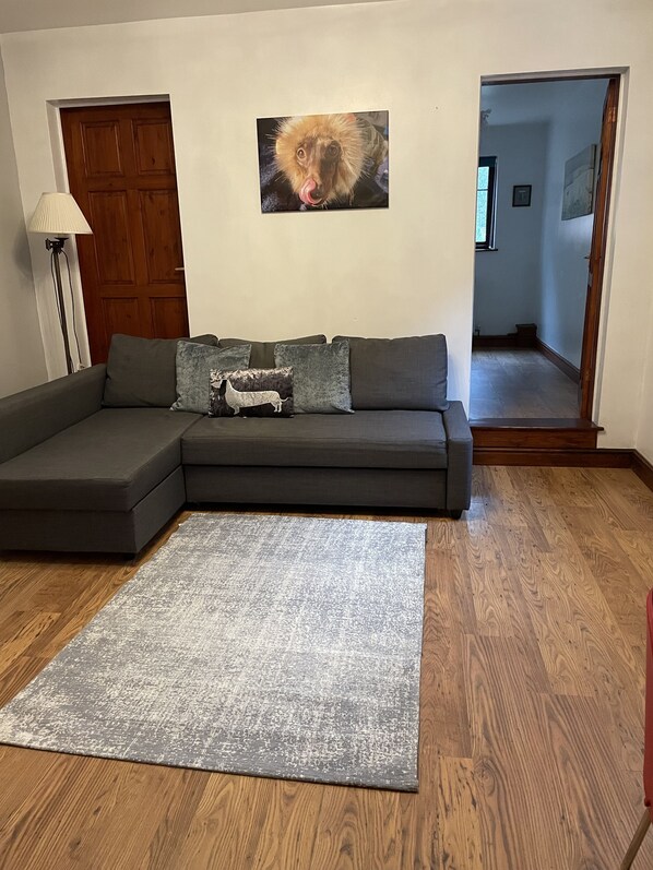 A living room with a sectional sofa, a grey rug, a wooden floor, a lamp, and a dog painting on the wall.