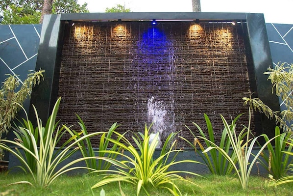A water feature with a textured wall and a central water jet, surrounded by green plants.