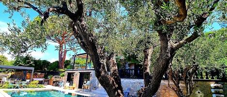 Een buitenzwembad en een verwarmd zwembad