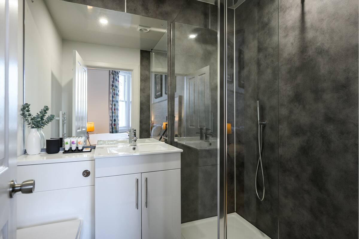 shower, rainfall showerhead, designer toiletries, hair dryer