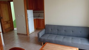 Un salon avec un canapé gris, une table en bois et un coin cuisine doté de meubles de rangement en bois et d’un réfrigérateur blanc.