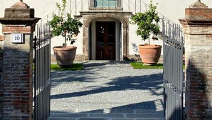 A building with a central entrance, two potted plants on either side, and a number plaque on the left. - VILLA CARNICELLI eco-friendly,sustainable, 450m² (4,850ft²),private pool, design (Gragnano di Capannori)