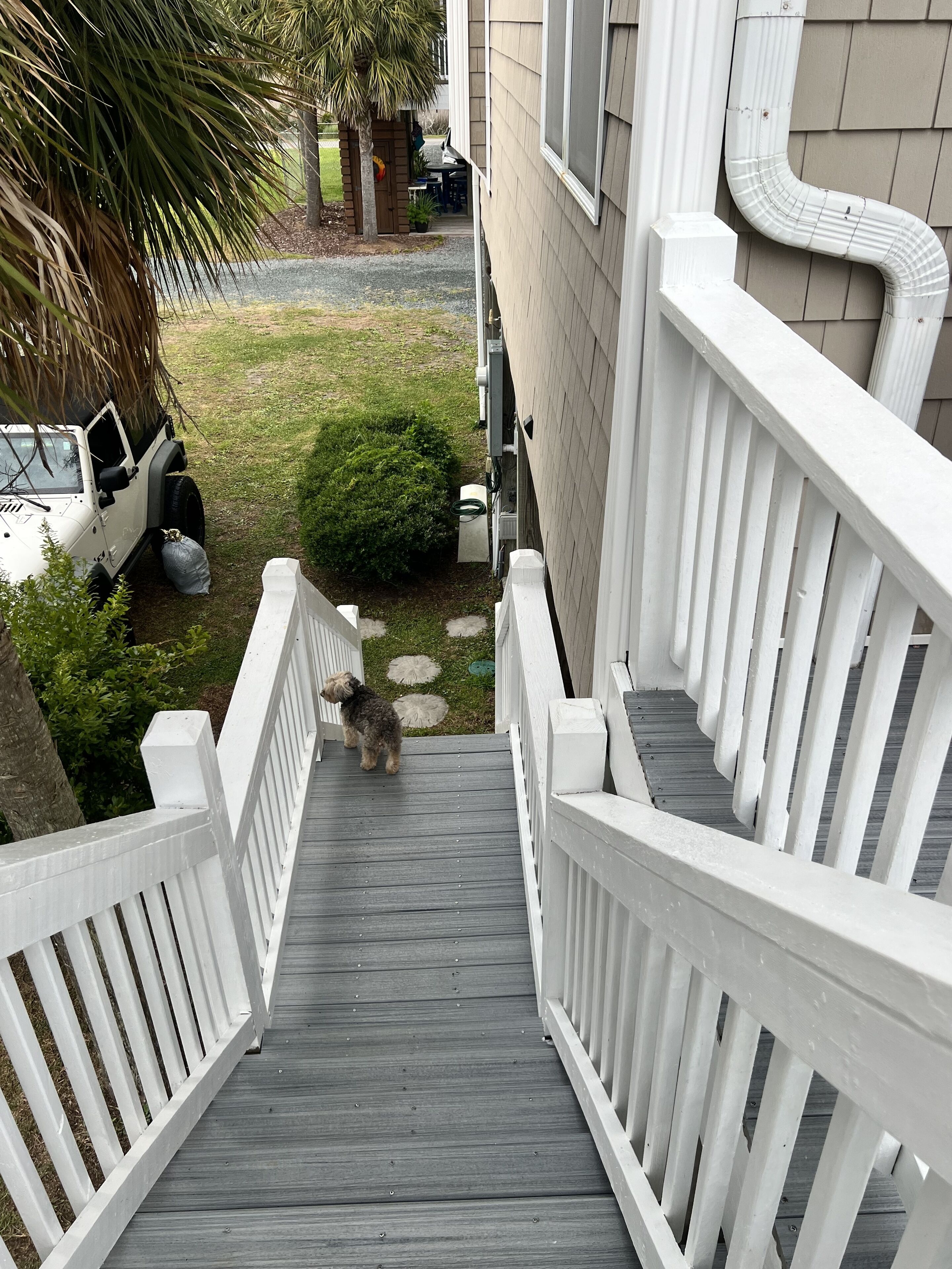 Steps down to the first level 