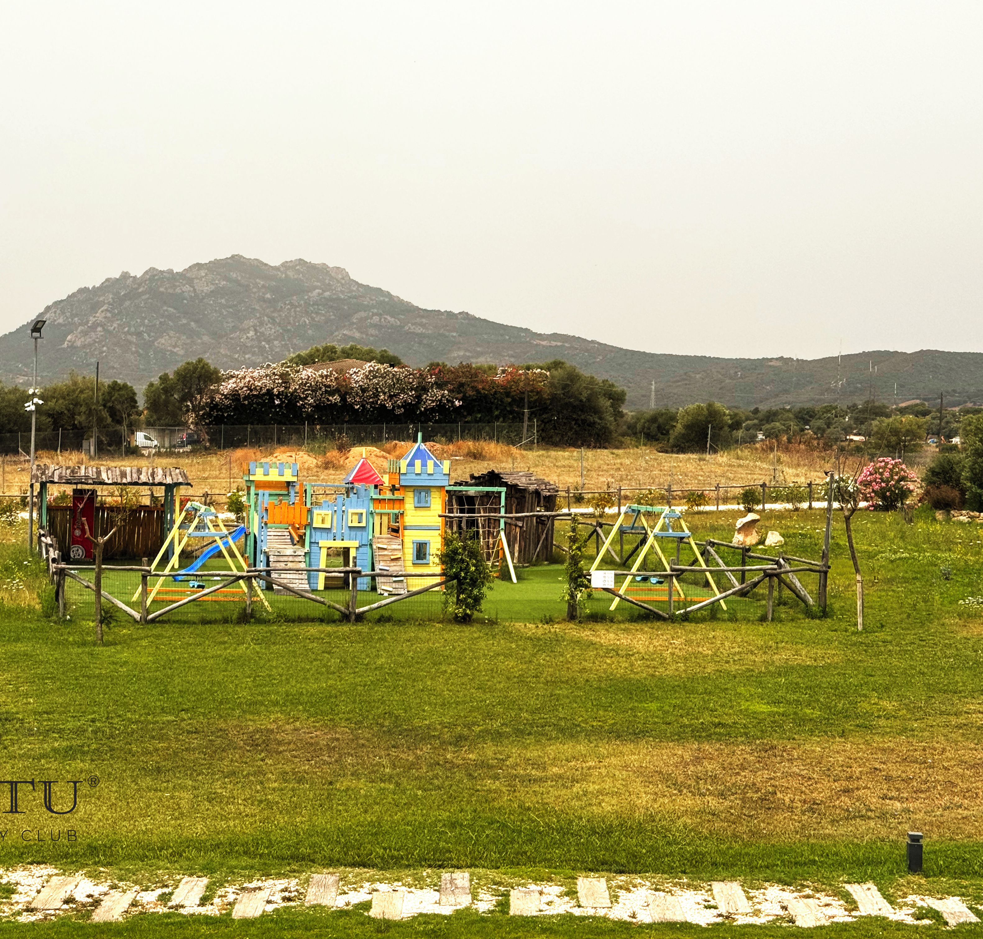 A playground with colorful play structures in a grassy field with a mountain in the background.