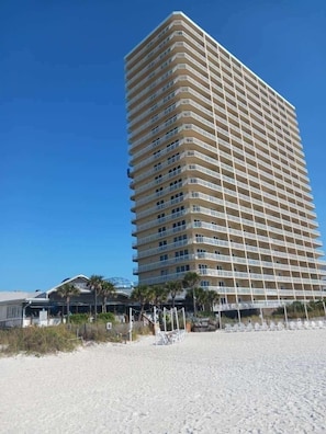 A tall, multi-story hotel with balconies, located near a beach with palm trees and a clear blue sky.