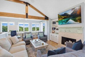 Smart TV, fireplace, books