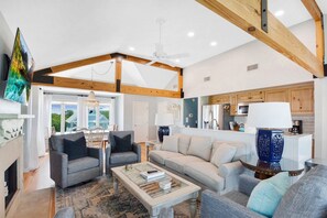 Smart TV, fireplace, books