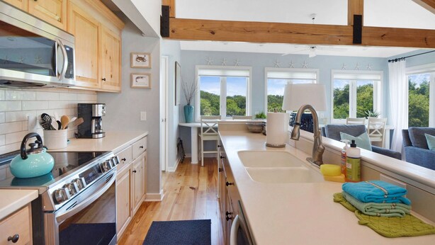 A modern kitchen with wooden cabinets, stainless steel appliances, and a large window overlooking greenery. - Wayfarer cottage with elevator and Heated pool! (St Simons Island)