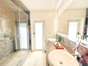A modern bathroom with a glass shower enclosure, a large sink, and a mirror.