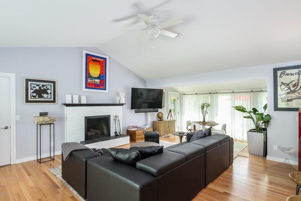 Smart TV, fireplace, books