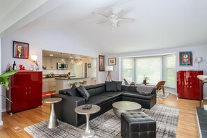 Smart TV, fireplace, books