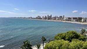 Eine Küstenstadt mit Strand, Palmen und verschiedenen Gebäuden.