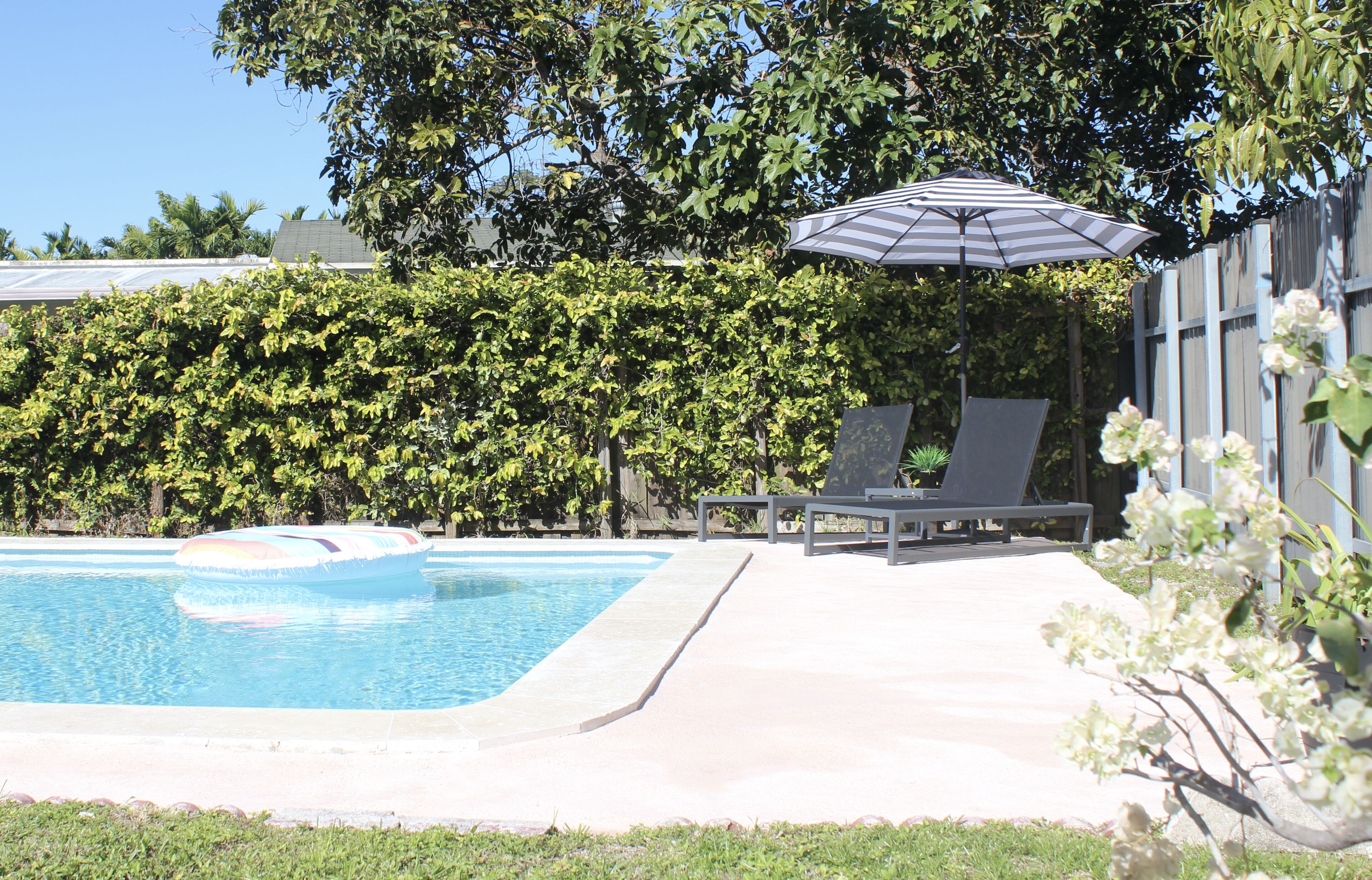 Una piscina con sillas de descanso y una sombrilla, rodeada por un seto y una valla de madera.